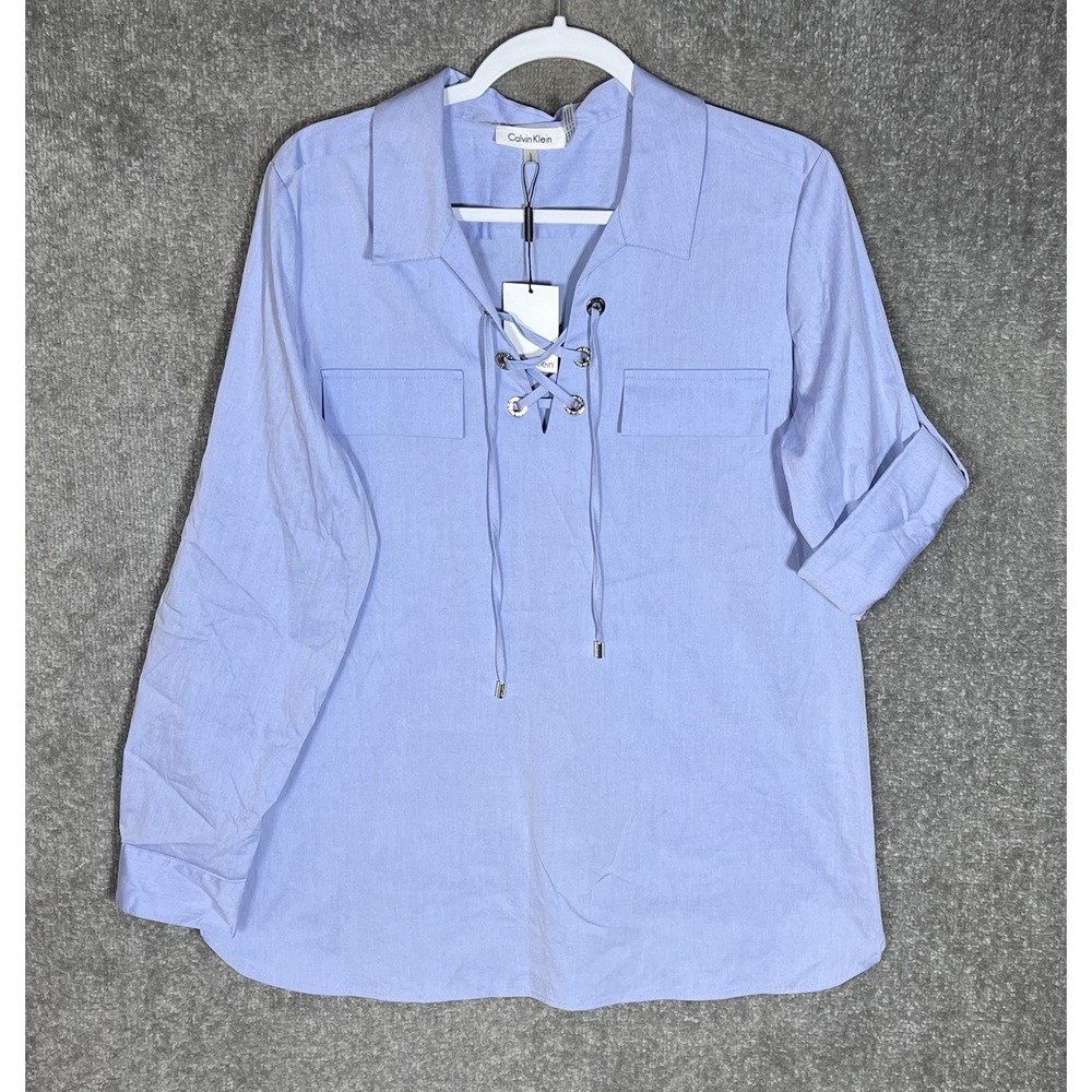 Calvin Klein Modern Essentials Top Womens Sz L Blue Rolltab Lace Up Necklne New